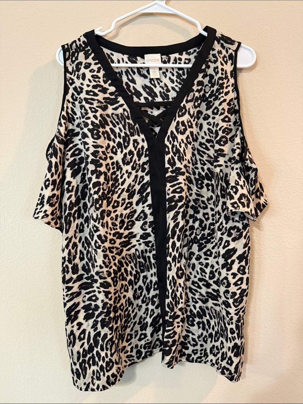 Chico's Black and Cream Leopard Cold-Shoulder Lace-Up Top
